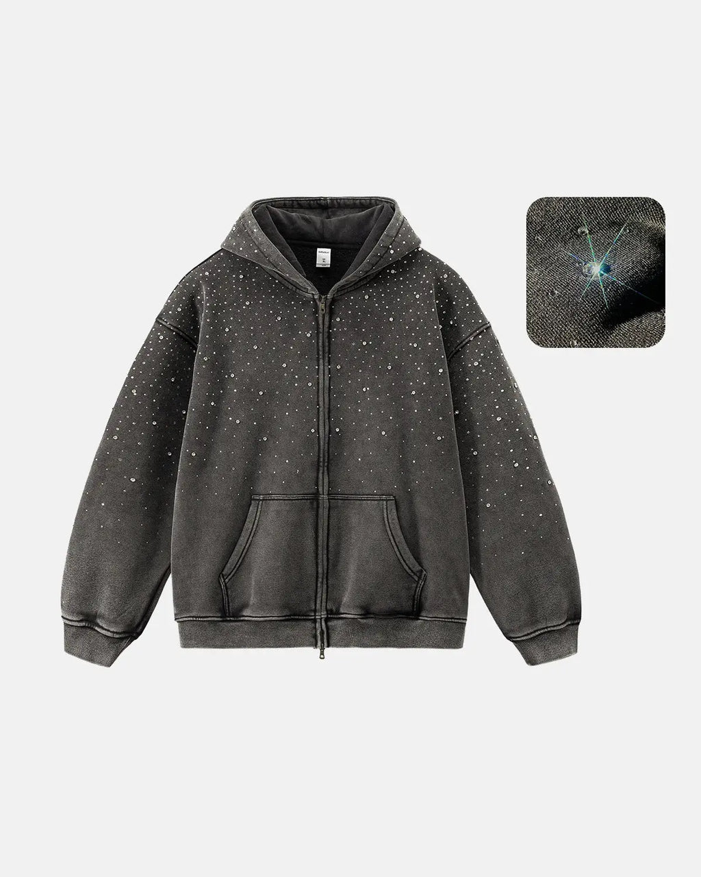 Distressed Washed Fleece Rhinestone Zip Up Hoodies | Inflation Streetwear