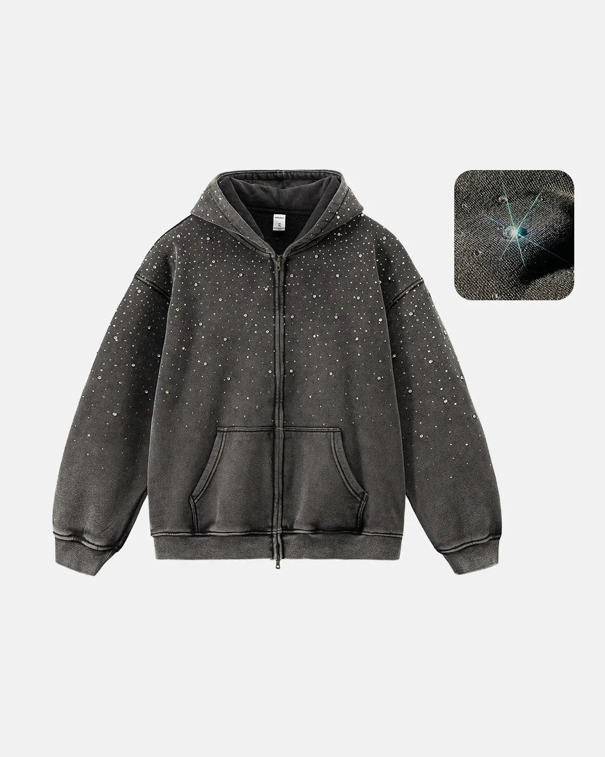 Distressed Washed Fleece Rhinestone Zip Up Hoodies | Inflation Streetwear