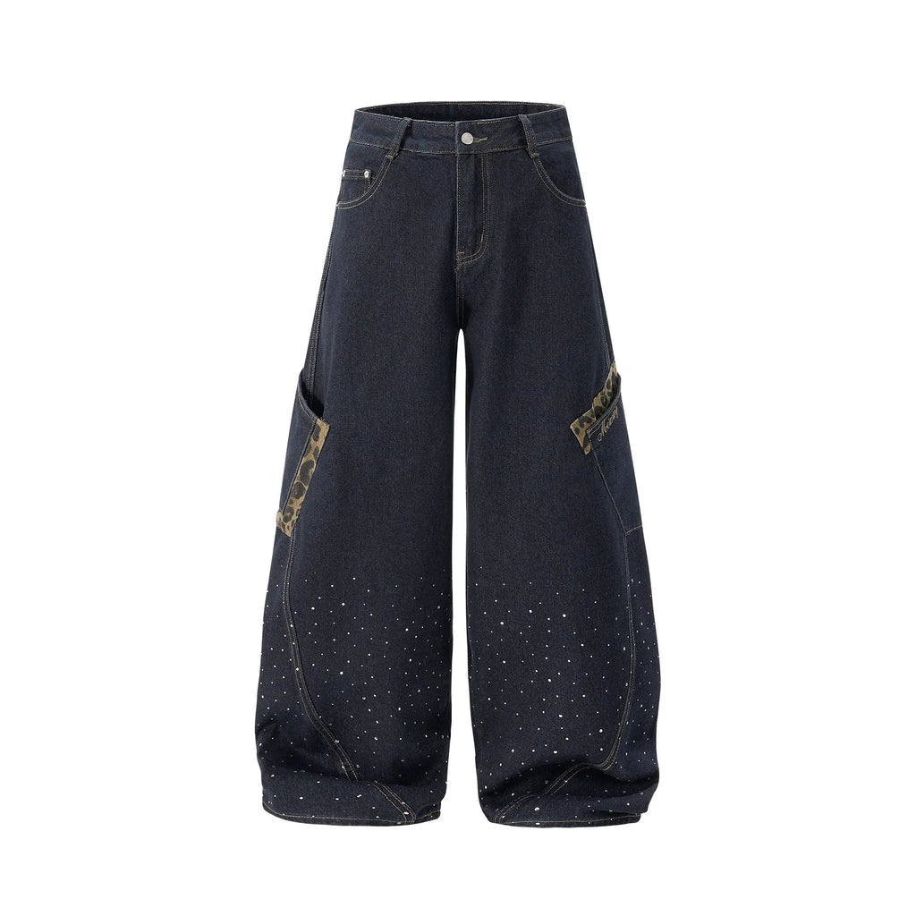 Leopard Patch Rhinestone Barrel Jeans | Inflation Streetwear