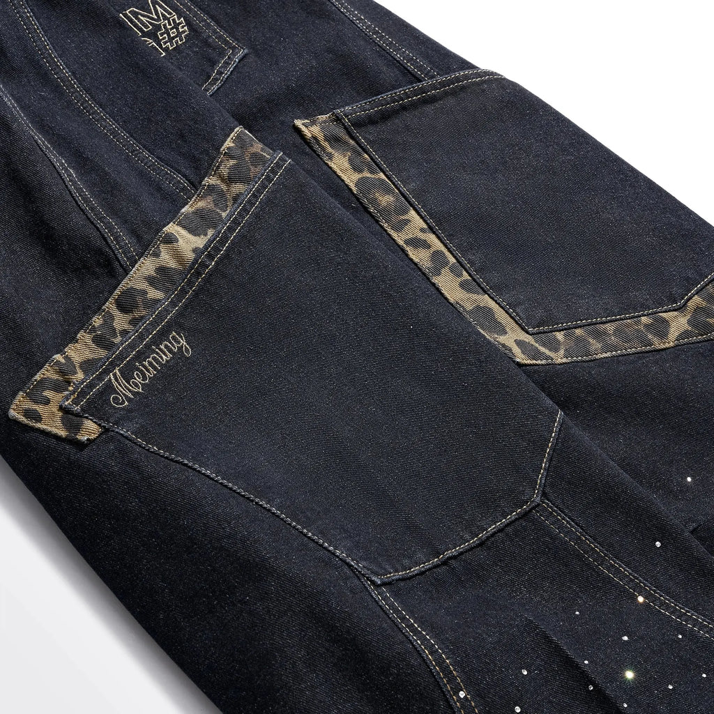 Leopard Patch Rhinestone Barrel Jeans | Inflation Streetwear