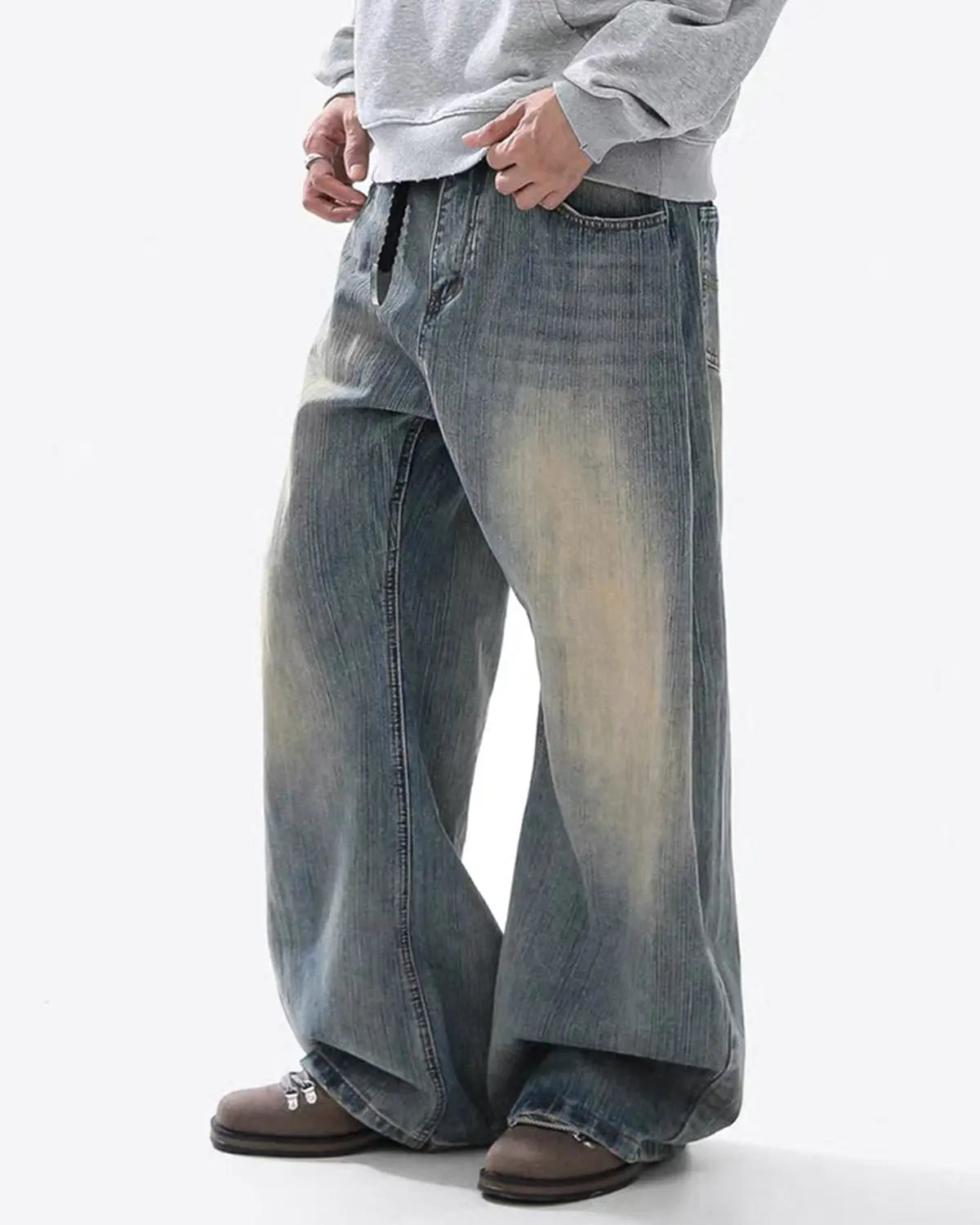 Washed  Bamboo Weave Baggy Bootcut Jeans | Inflation Streetwear