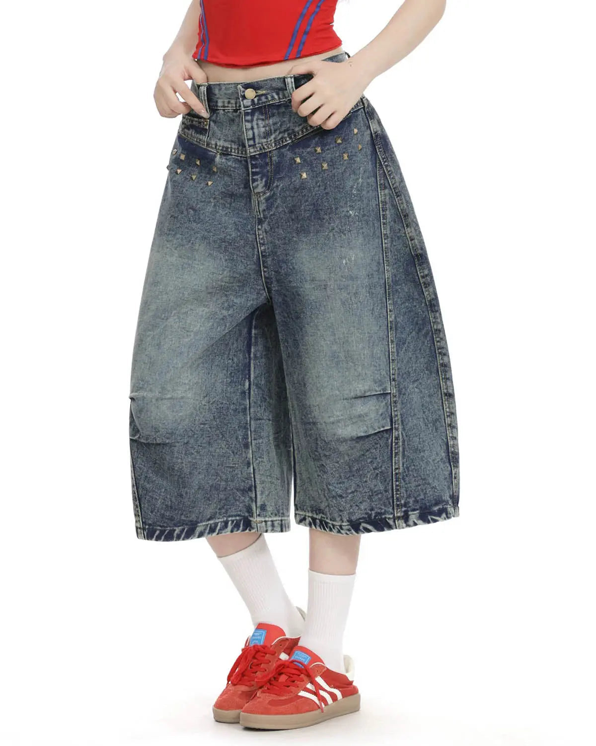 Studded Washed Long Baggy Jorts | Inflation Streetwear