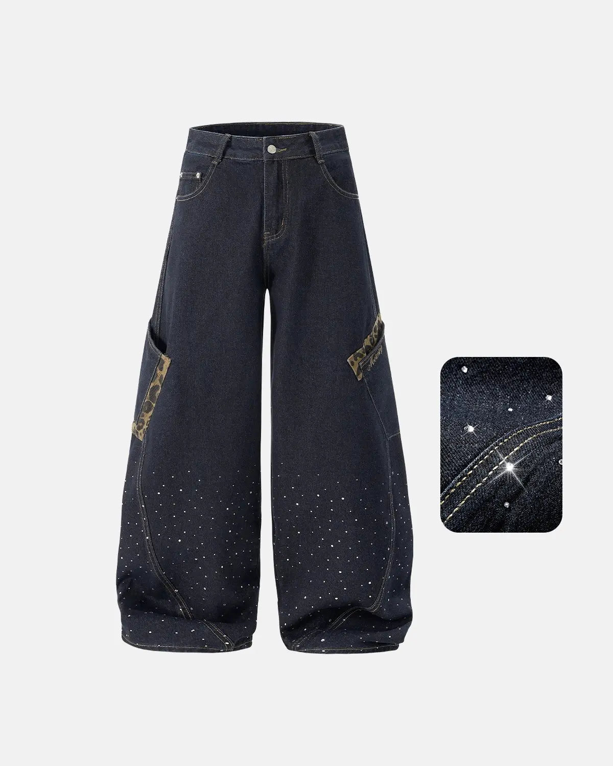Leopard Patch Rhinestone Barrel Jeans | Inflation Streetwear
