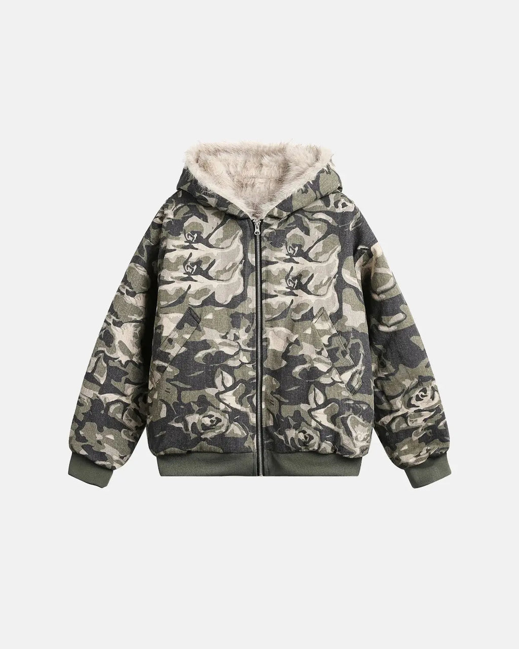 Camo Faux Fur Padded Hooded Jacket | INFLATION Streetwear