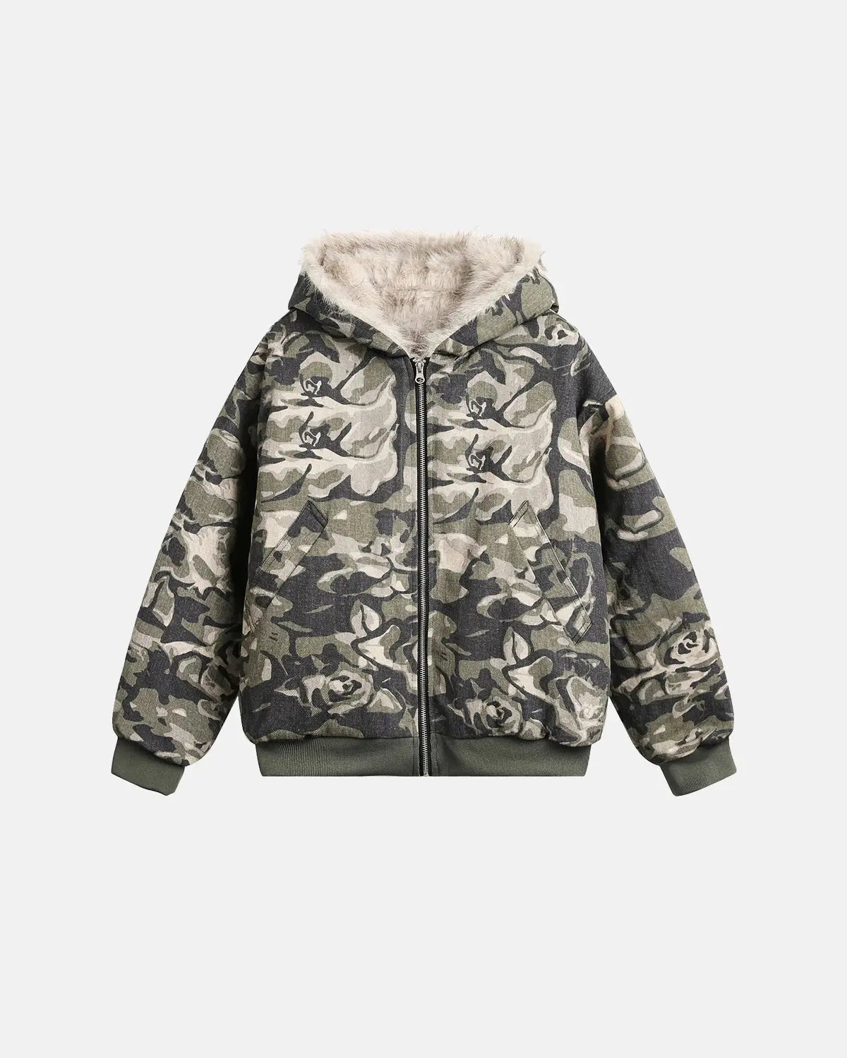Camo Faux Fur Padded Hooded Jacket | INFLATION Streetwear
