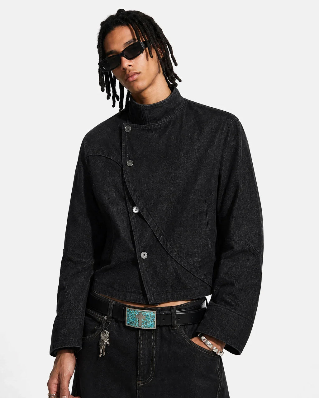 Cropped Asymmetric Button Denim Jacket | Inflation Streetwear