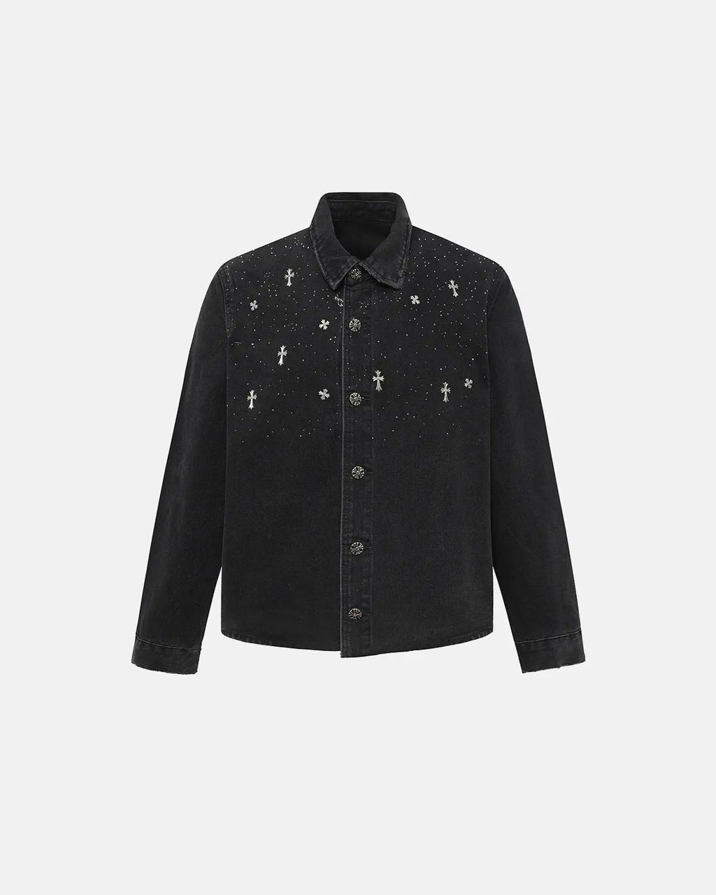 Starry Cross Rhinestone Washed Denim Shirt | Inflation Streetwear