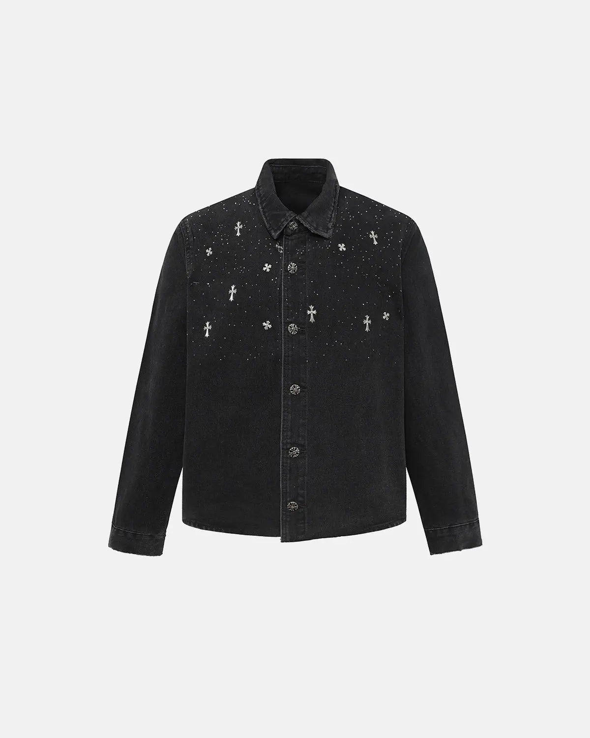 Starry Cross Rhinestone Washed Denim Shirt | Inflation Streetwear