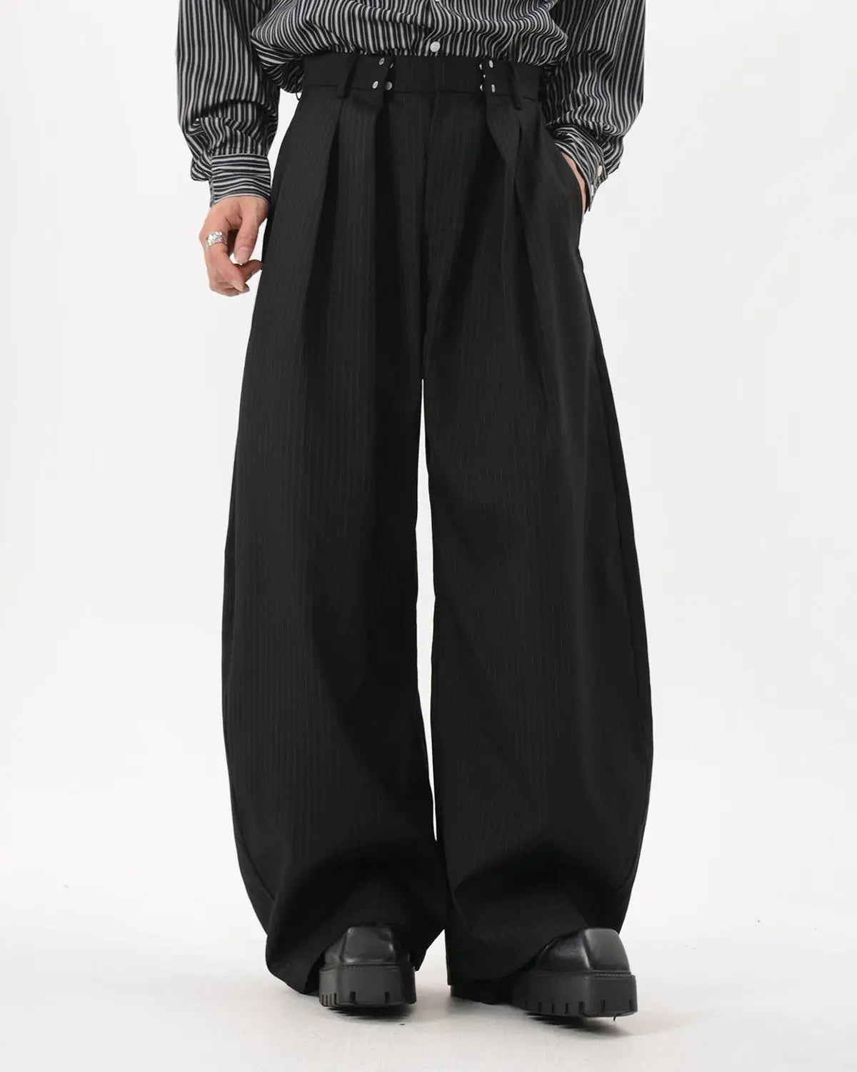 Black Striped Barrel Suit Pant | INFLATION Streetwear