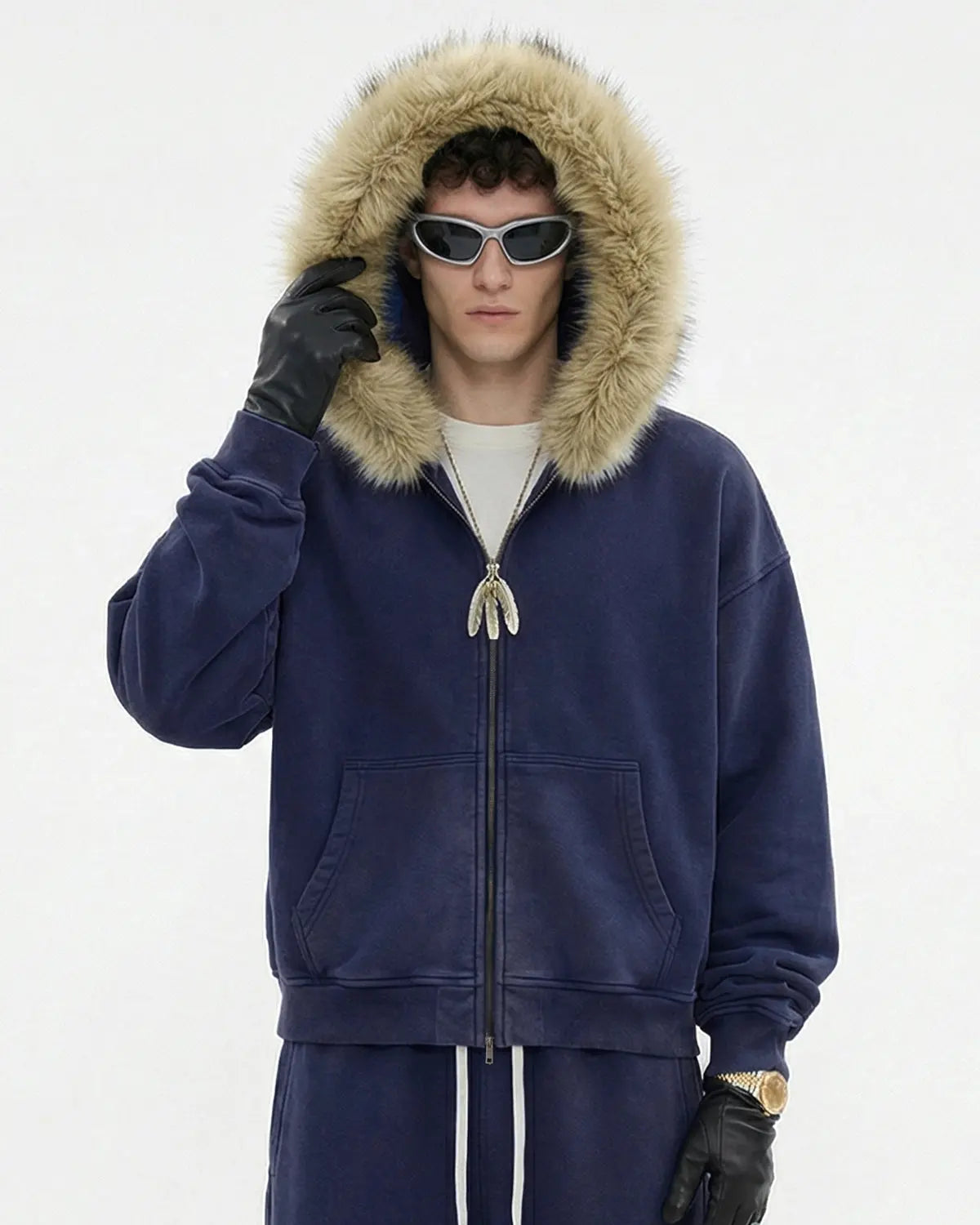 Faux Fur Collar Distressed Zip Up Hoodies | Inflation Streetwear
