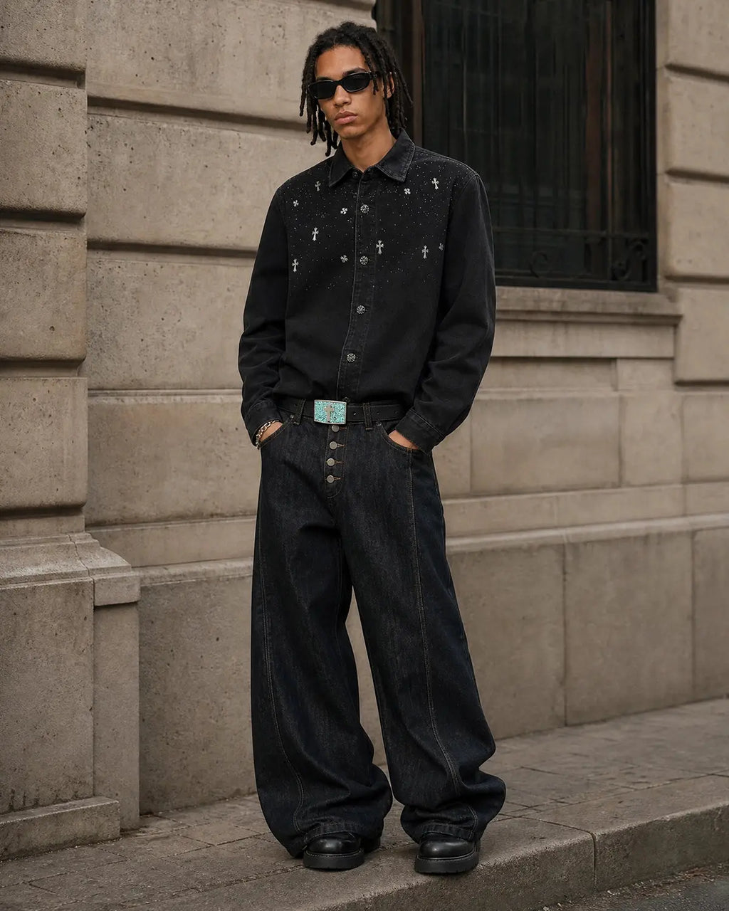 Starry Cross Rhinestone Washed Denim Shirt | Inflation Streetwear