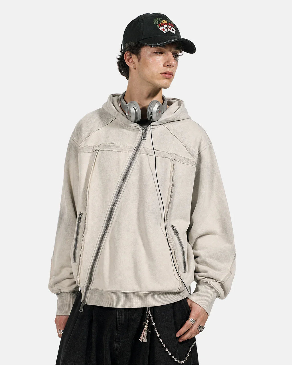 Washed Boxy Asymmetric Zip Up Hoodie | Inflation Streetwear