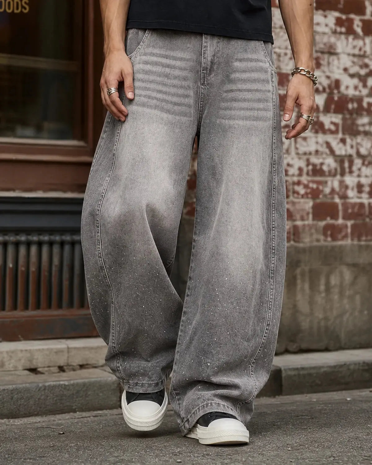 Rhinestone Washed Barrel Jeans| Inflation Streetwear