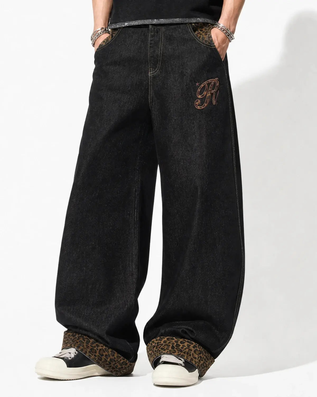 Leopard Patchwork Embroidery Baggy Jeans | Inflation Streetwear