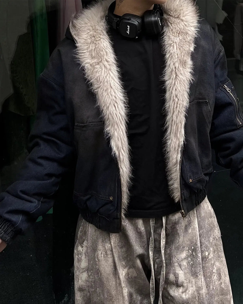 Faux Fur Lined Acid Wash Bomber Jacket | Inflation Streetwear