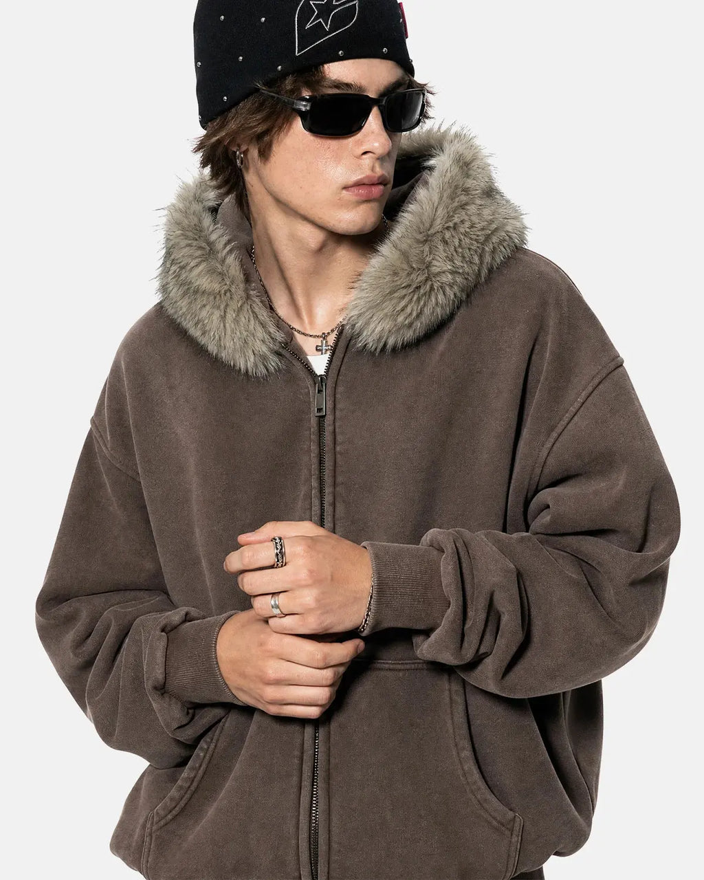 Faux Fur Collar Acid Wash Zip Up Hoodies | Inflation Streetwear