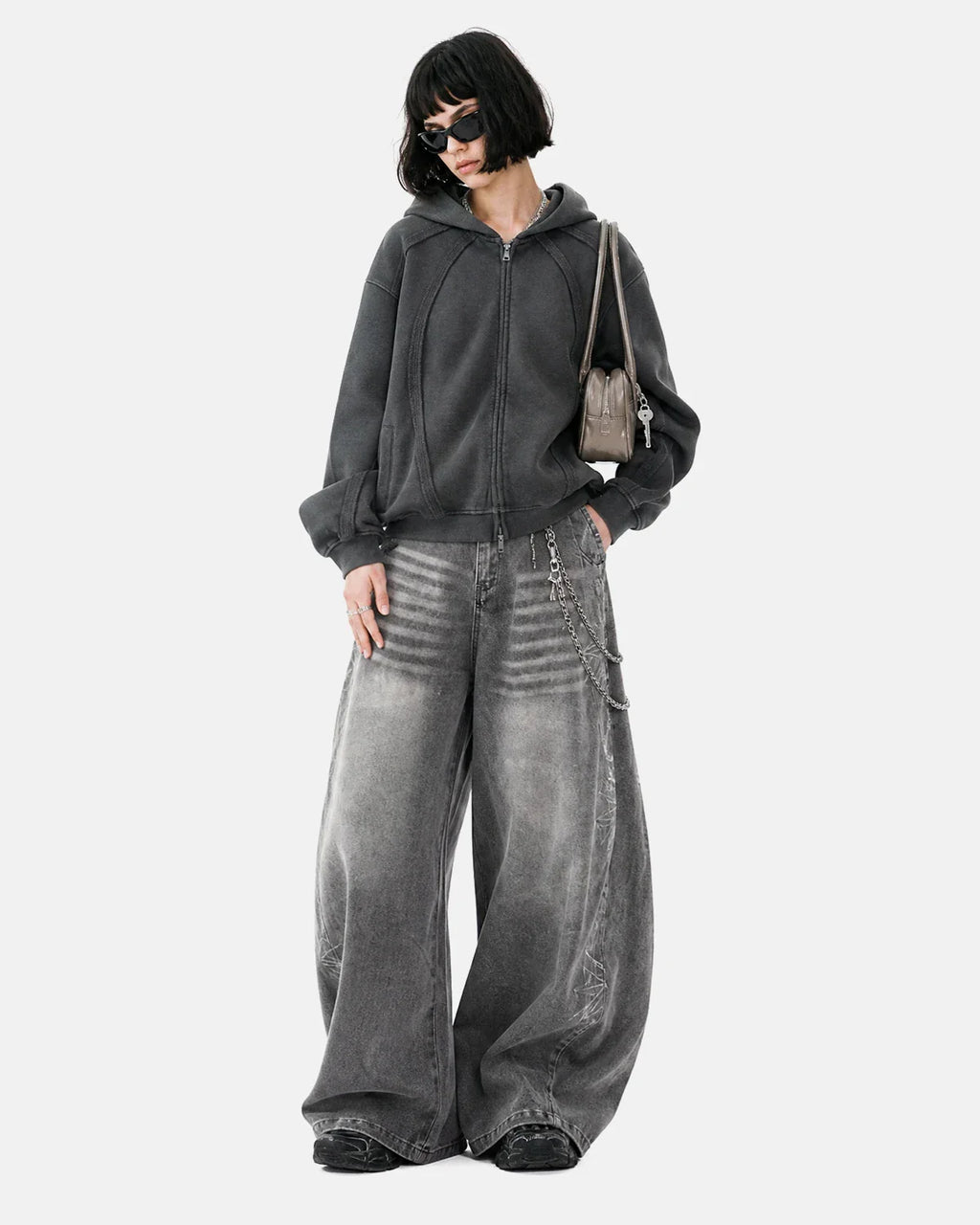 Snow Washed Raw Edge Boxy Zip Up Hoodie | Inflation Streetwear