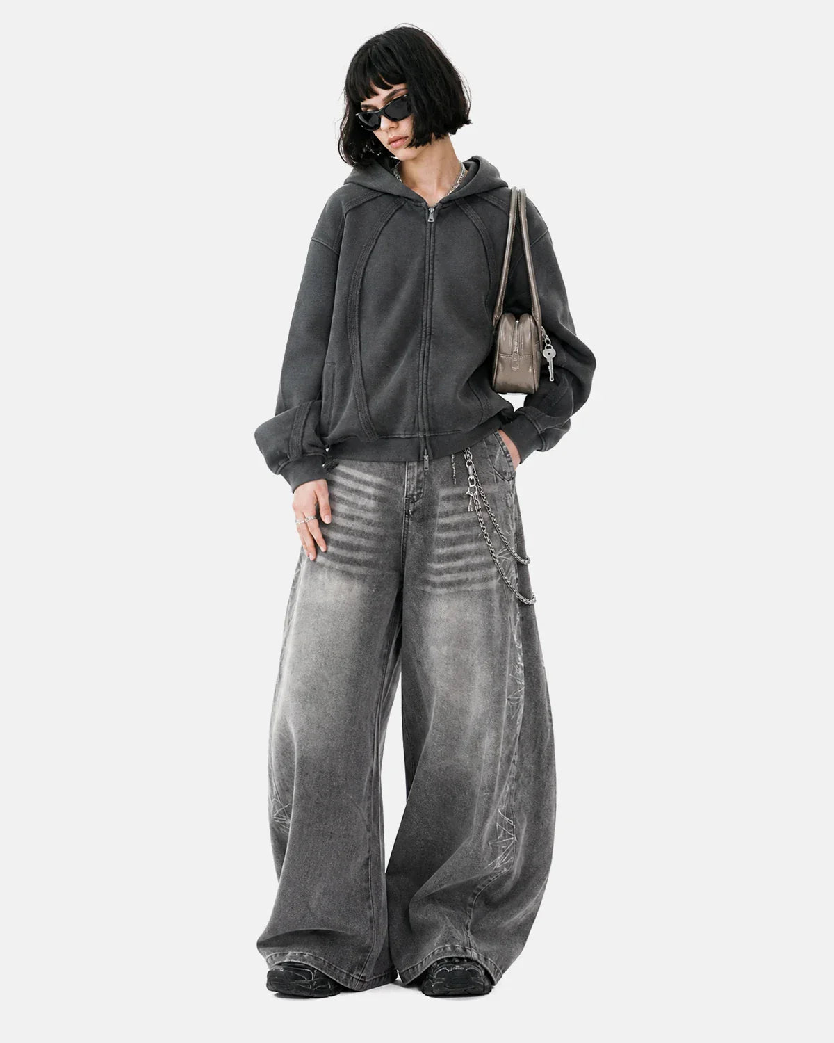 Snow Washed Raw Edge Boxy Zip Up Hoodie | Inflation Streetwear