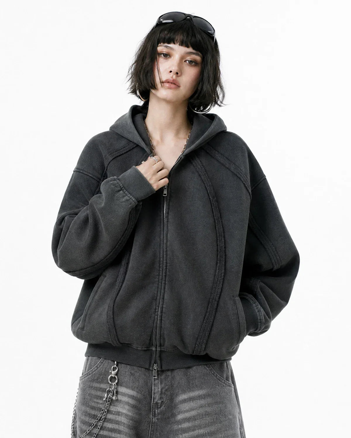 Snow Washed Raw Edge Boxy Zip Up Hoodie | Inflation Streetwear