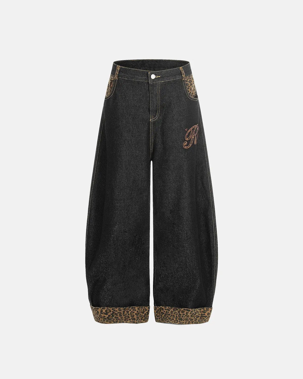 Leopard Patchwork Embroidery Baggy Jeans | Inflation Streetwear