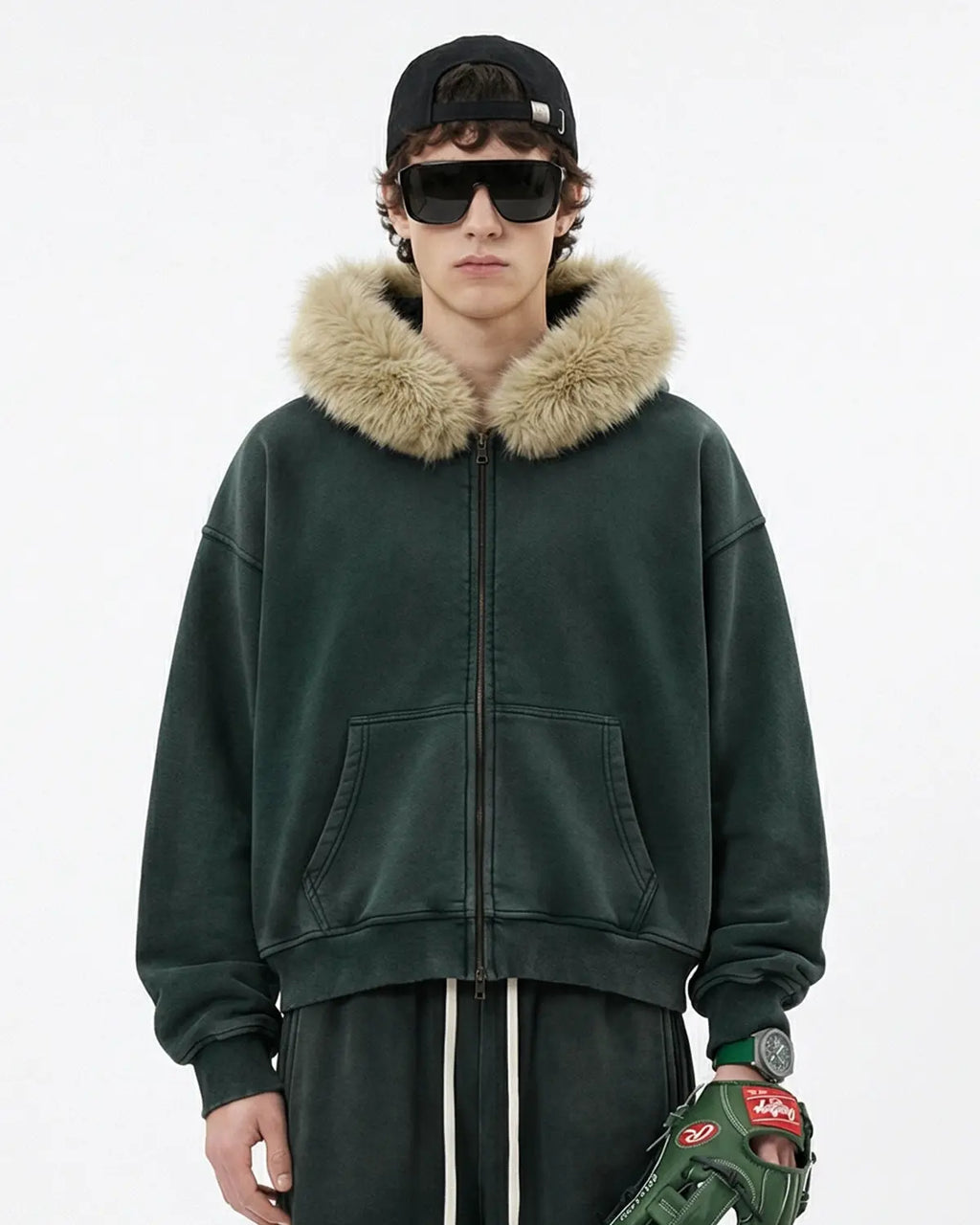 Faux Fur Collar Distressed Zip Up Hoodies | Inflation Streetwear