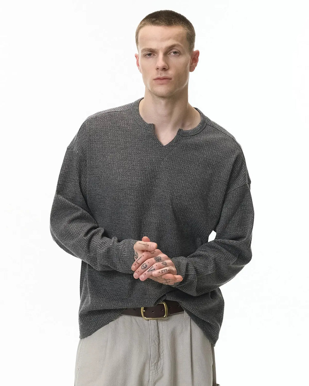 V-neck Long Sleeve Waffle Tees | Inflation Streetwear