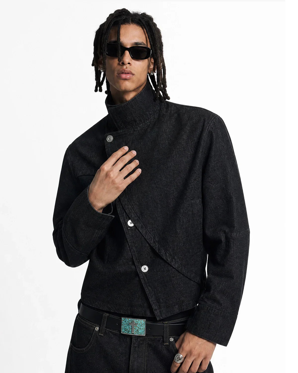 Cropped Asymmetric Button Denim Jacket | Inflation Streetwear
