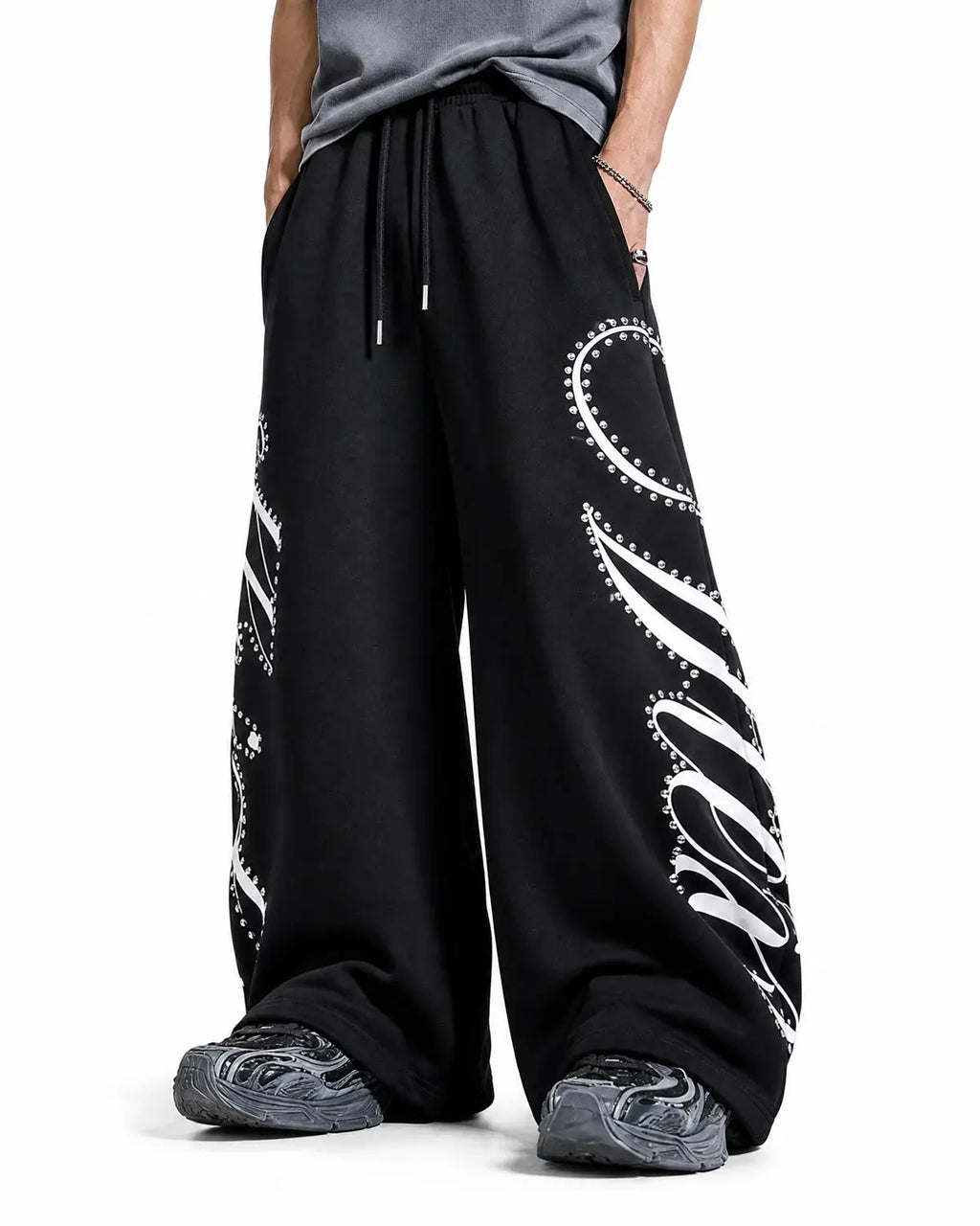 Rhinestone Script Baggy Sweatpants | Inflation Streetwear