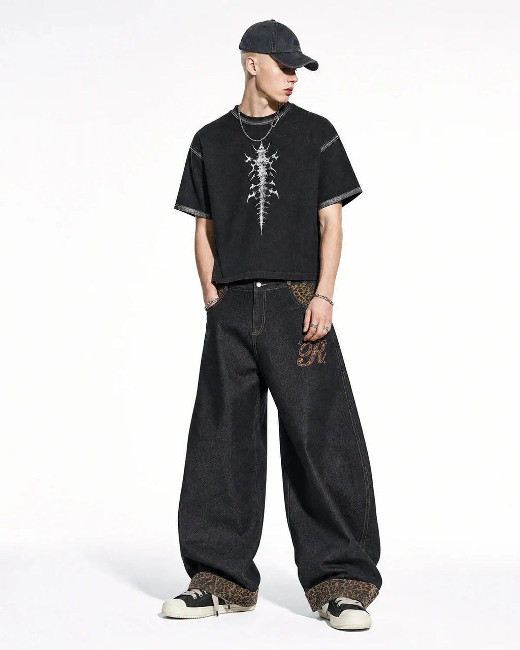 Leopard Patchwork Embroidery Baggy Jeans | Inflation Streetwear