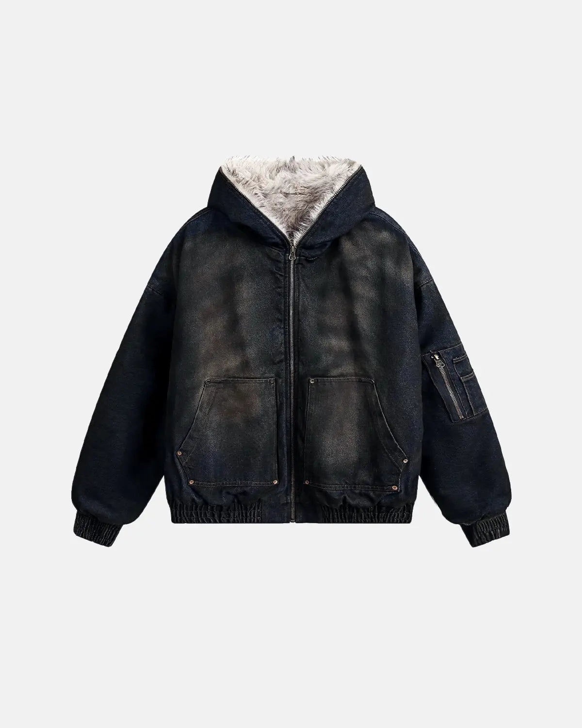 Faux Fur Lined Acid Wash Bomber Jacket | Inflation Streetwear