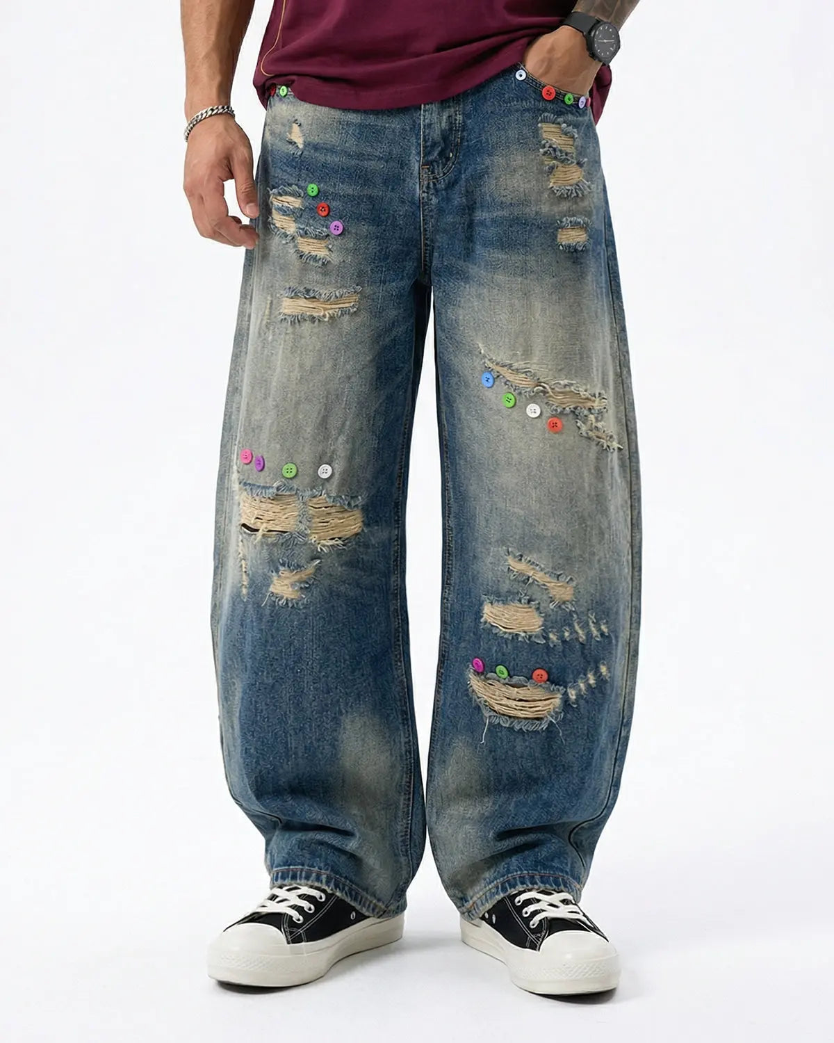 Distressed Button Barrel Jeans | Inflation Streetwear