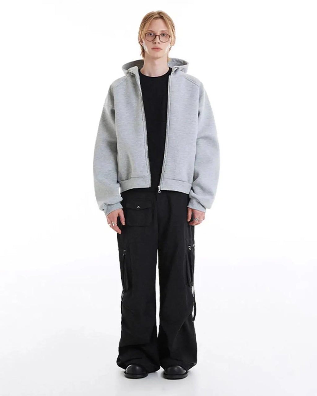 INFLATION Grey Boxy Zip Up Hoodies