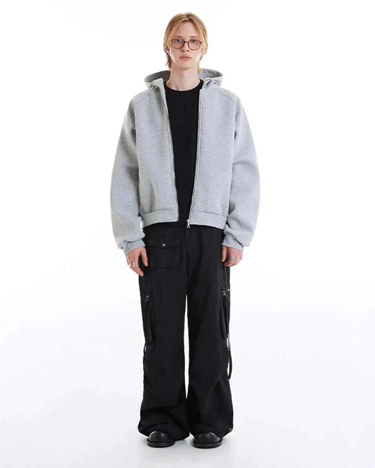 INFLATION Grey Boxy Zip Up Hoodies