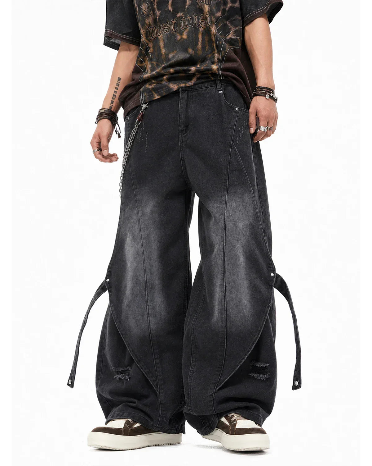 Adjustable Strap Washed Straight-Leg Jeans | Inflation Streetwear