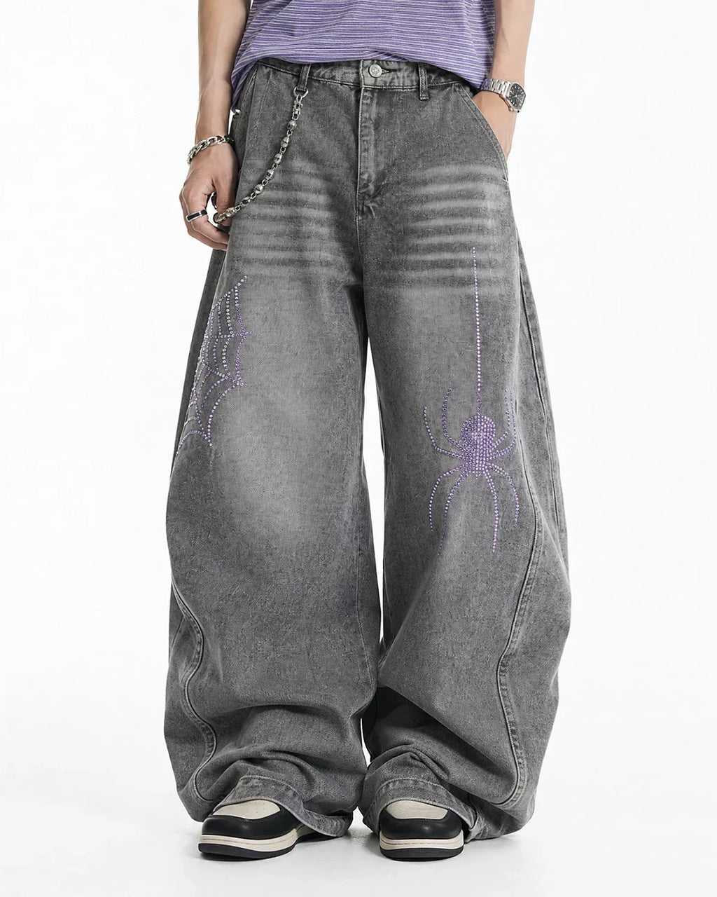 Spider Graphic Rhinestone Barrel Jeans | Inflation Streetewear