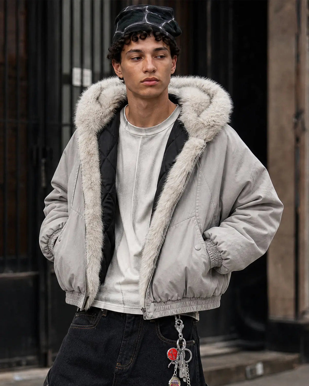 Faux Fur Lined Bomber Hooded Jacket | Inflation Streetwear