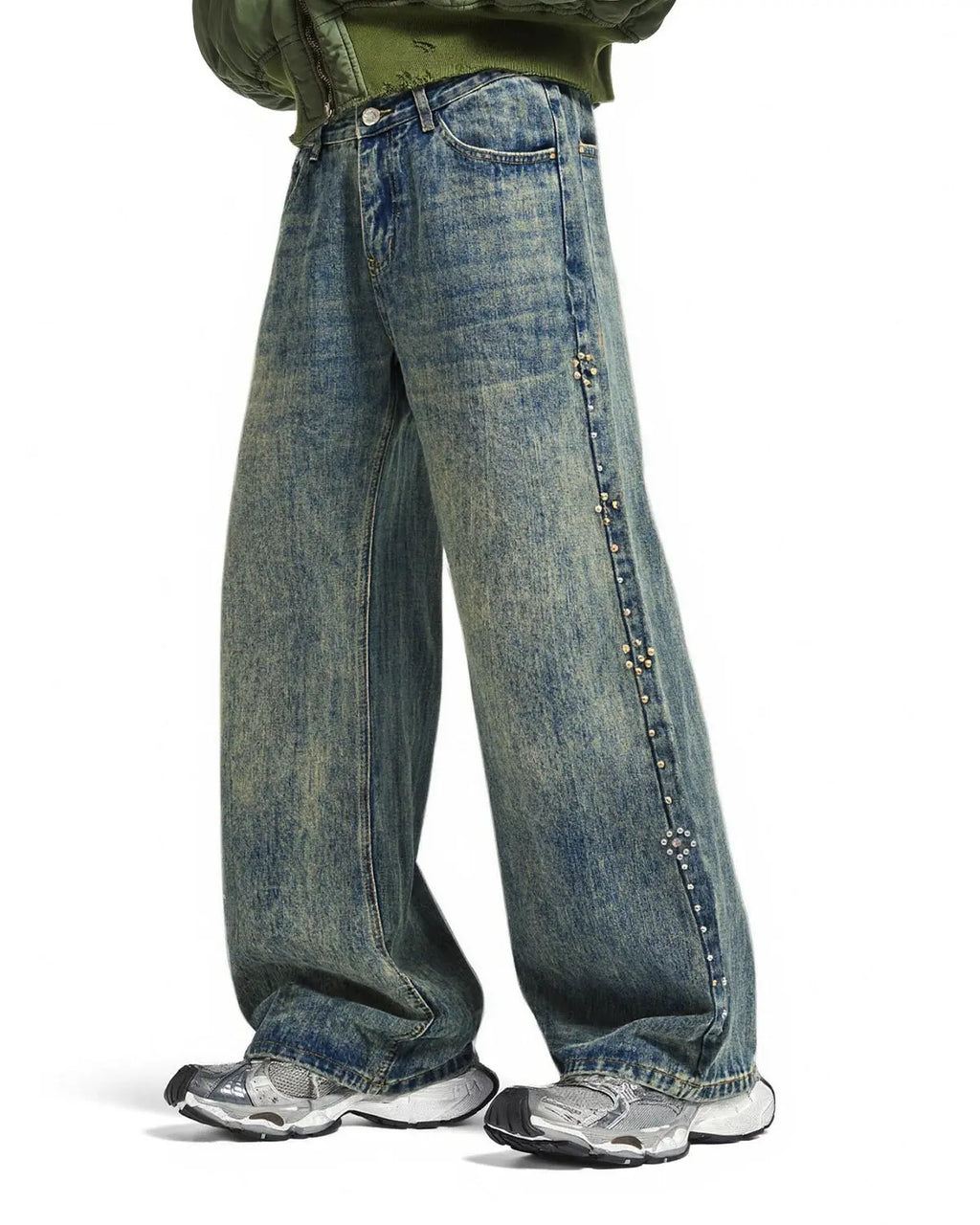 Acid Wash Beaded Studded Flared Baggy Jeans | Inflation Streetwear