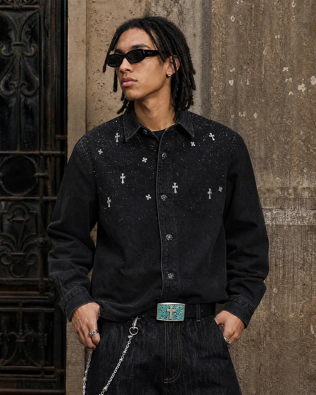 Starry Cross Rhinestone Washed Denim Shirt | Inflation Streetwear