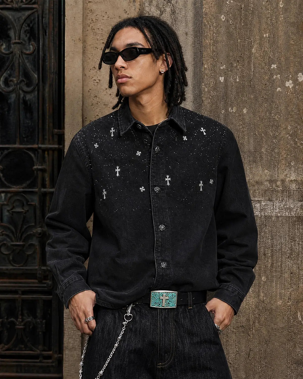 Starry Cross Rhinestone Washed Denim Shirt | Inflation Streetwear