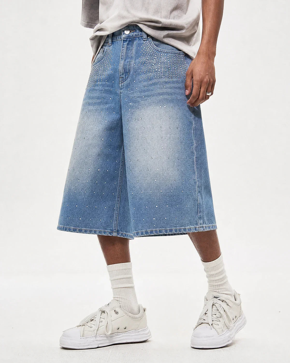 Blue Rhinestone Baggy Jeans Shorts | Inflation Streetwear