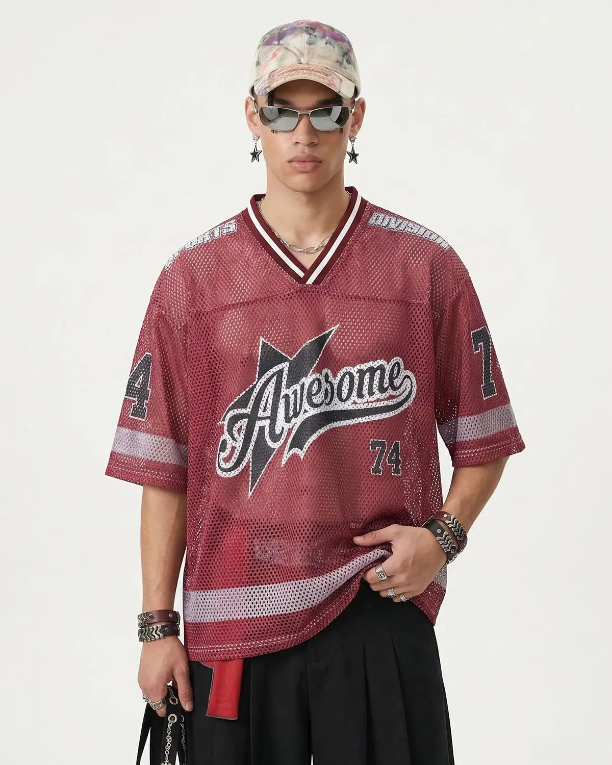 V-neck Graphic Mesh Jersey | Inflation Streetwear
