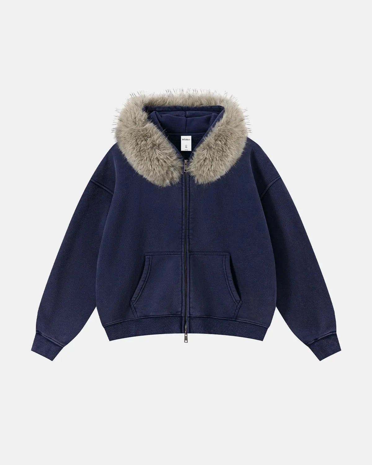 Faux Fur Collar Acid Wash Zip Up Hoodies | Inflation Streetwear