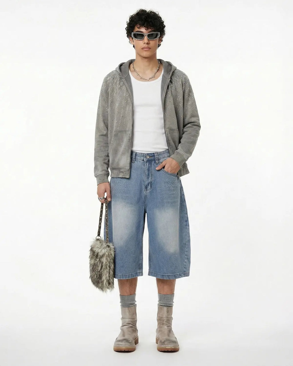 Star Rhinestone Longline Denim Shorts | Inflation Streetwear