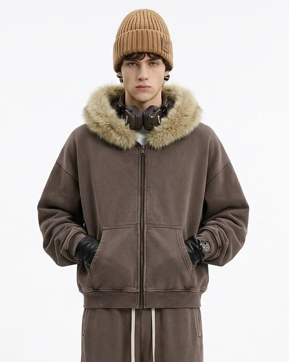 Faux Fur Collar Distressed Zip Up Hoodies | Inflation Streetwear