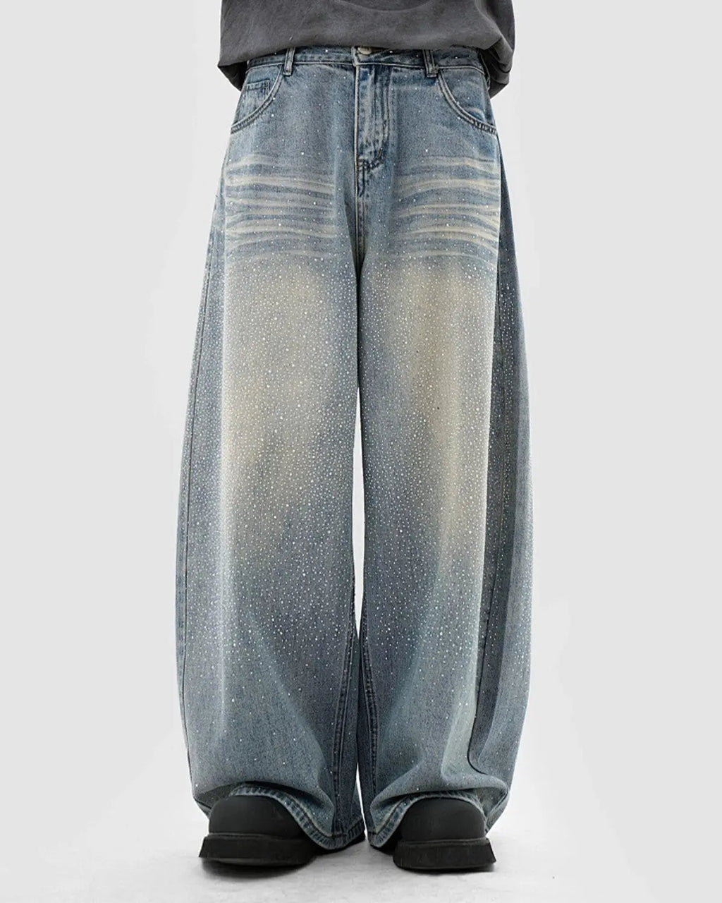 Rhinestone Washed Barrel Baggy Jeans | Inflation Streetwear