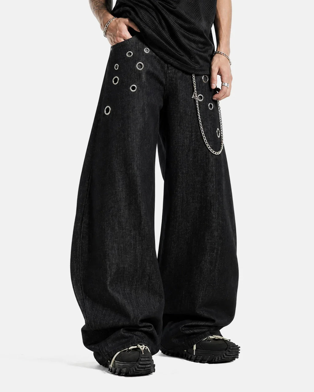 Metal Eyelet Chain Barrel Jeans | Inflation Streetwear