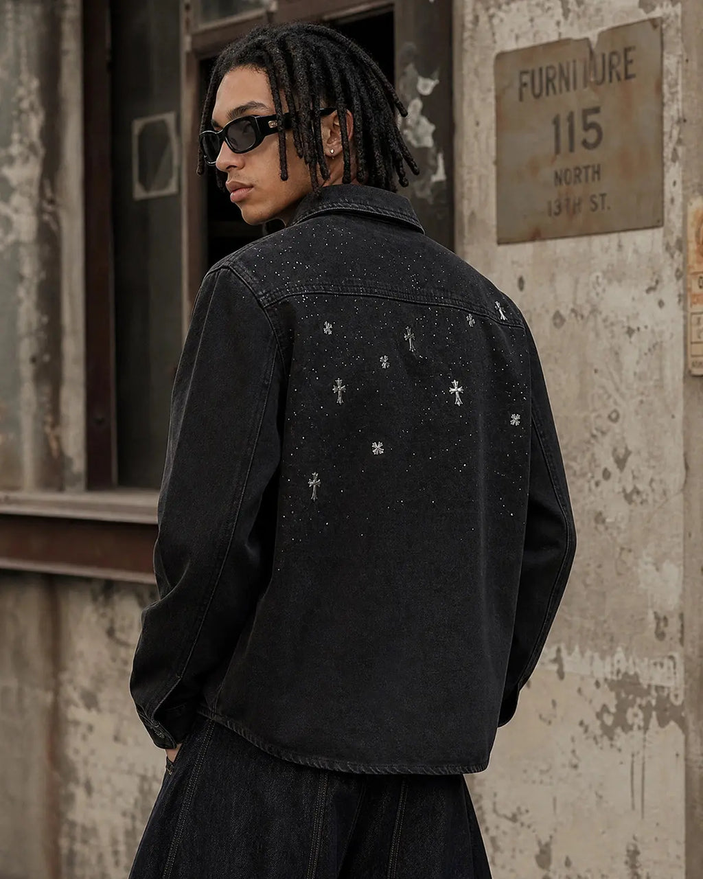 Starry Cross Rhinestone Washed Denim Shirt | Inflation Streetwear