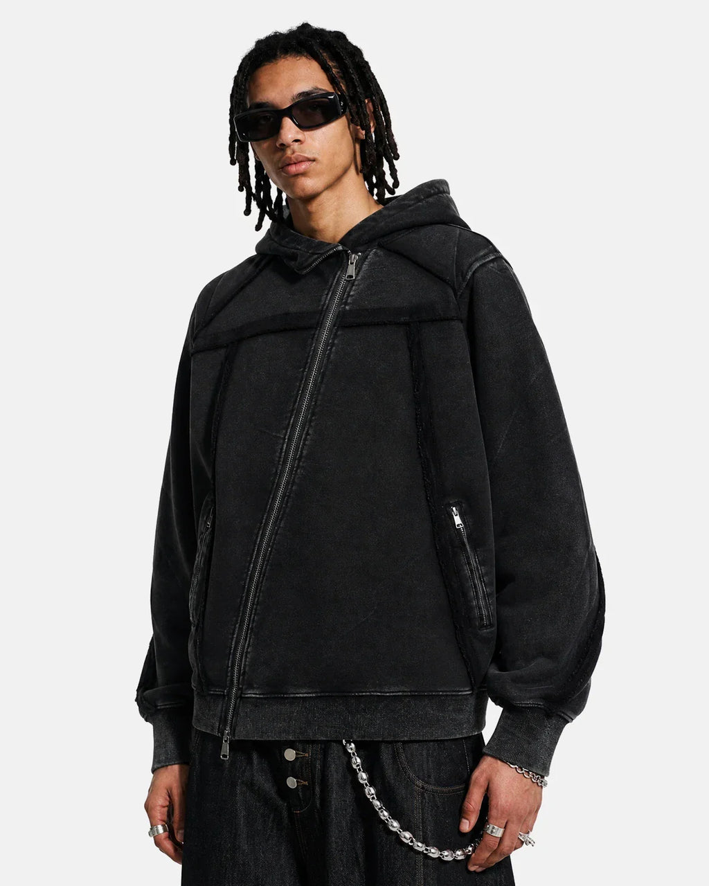 Washed Boxy Asymmetric Zip Up Hoodie | Inflation Streetwear