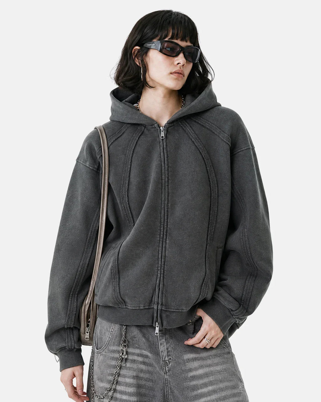 Snow Washed Raw Edge Boxy Zip Up Hoodie | Inflation Streetwear