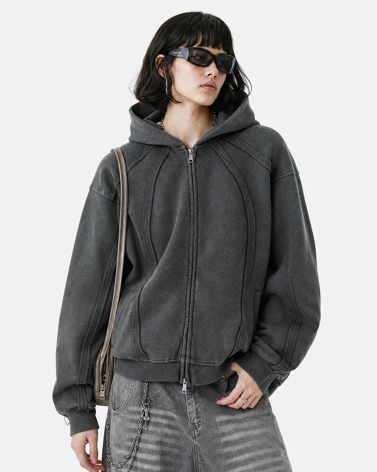 Snow Washed Raw Edge Boxy Zip Up Hoodie | Inflation Streetwear